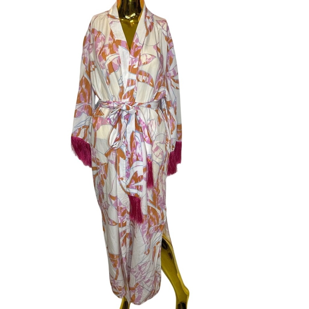 Resort Beach Tropical Coverup Maxi Kimono Robe Fuchsia M Fringe Tassel Belt Pink